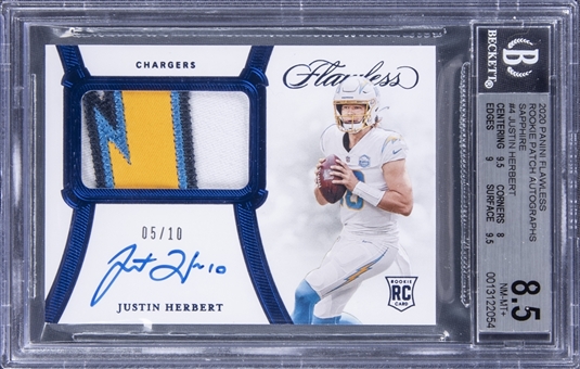 2020 Panini Flawless Rookie Patch Autographs Sapphire #RPA-JHE Justin Herbert Signed Patch Rookie Card (#05/10) - BGS NM-MT+ 8.5/BGS 10